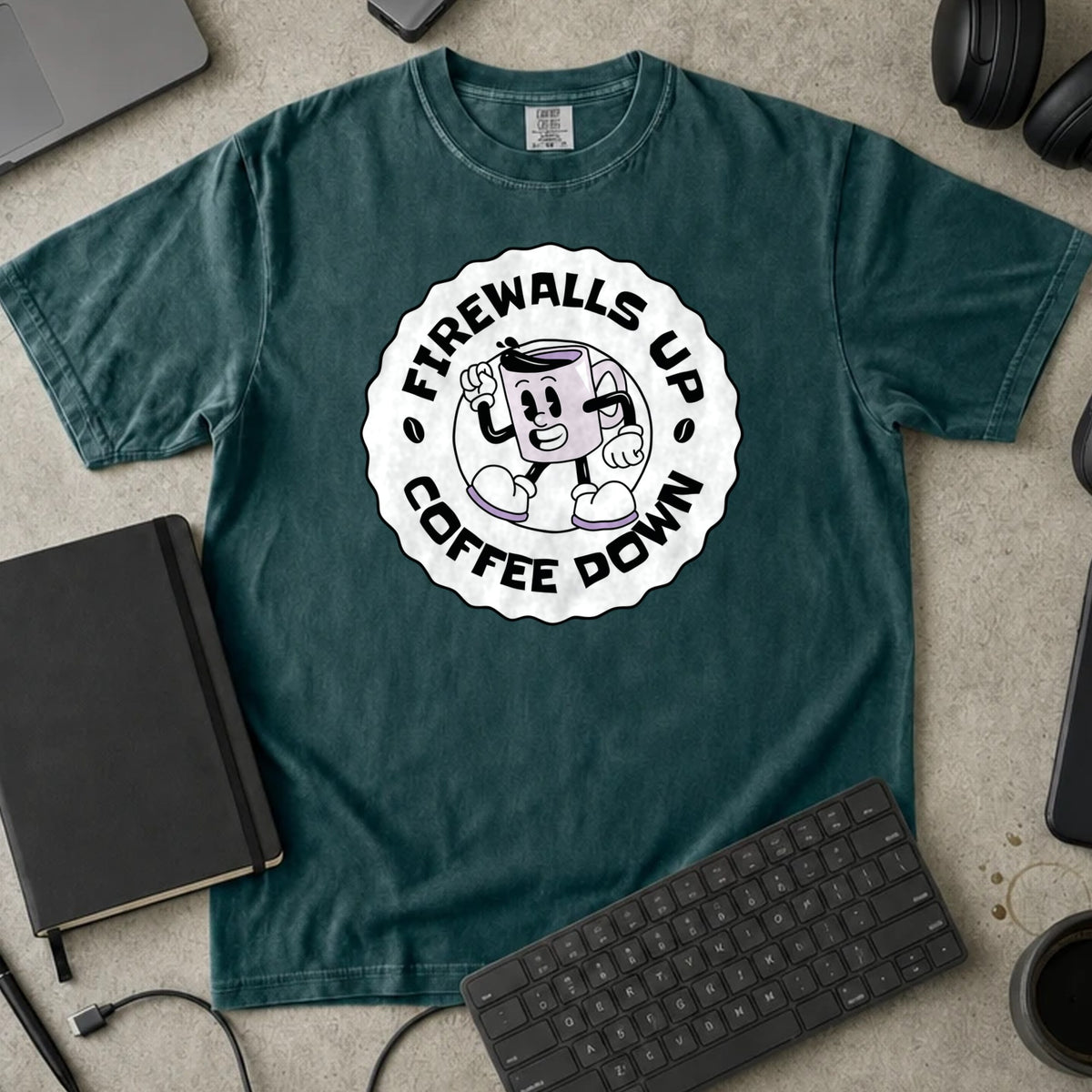 Firewalls Up Coffee Down Shirt in Blue Spruce, Comfort Colors 1717 tee flat lay