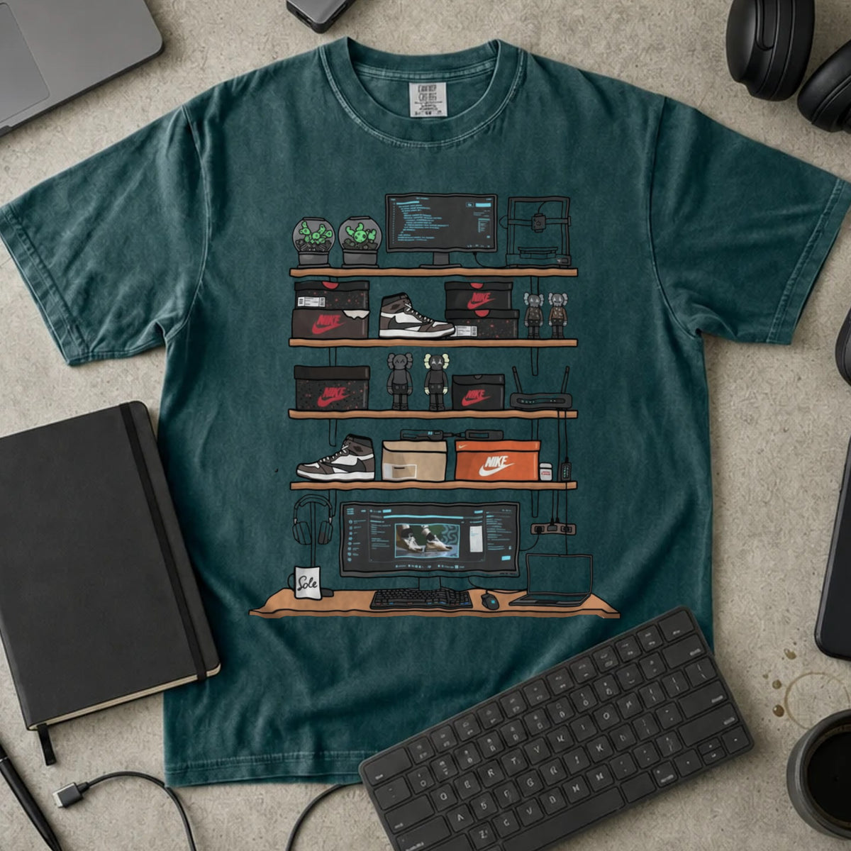 Sneakerhead Developer Setup Shirt in Blue Spruce, Comfort Colors 1717 tee flat lay