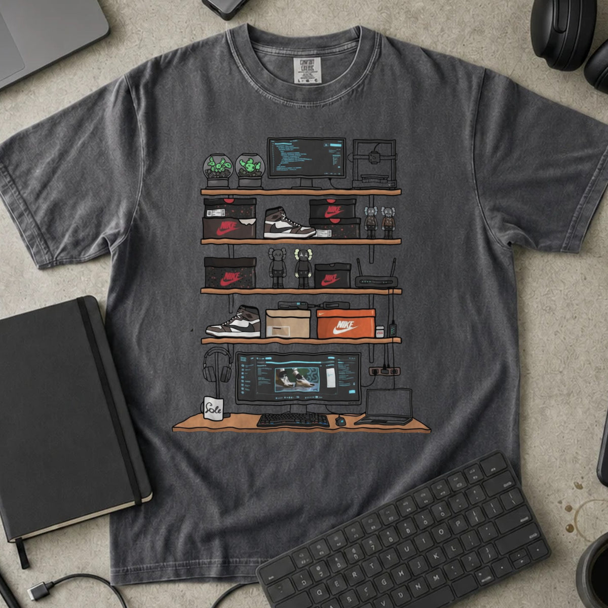 Sneakerhead Developer Setup Shirt in Pepper, Comfort Colors 1717 tee flat lay