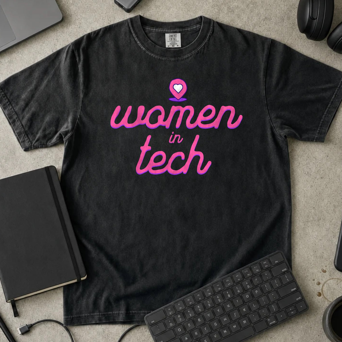 Women in Tech Script Shirt in Black, Comfort Colors 1717 tee flat lay