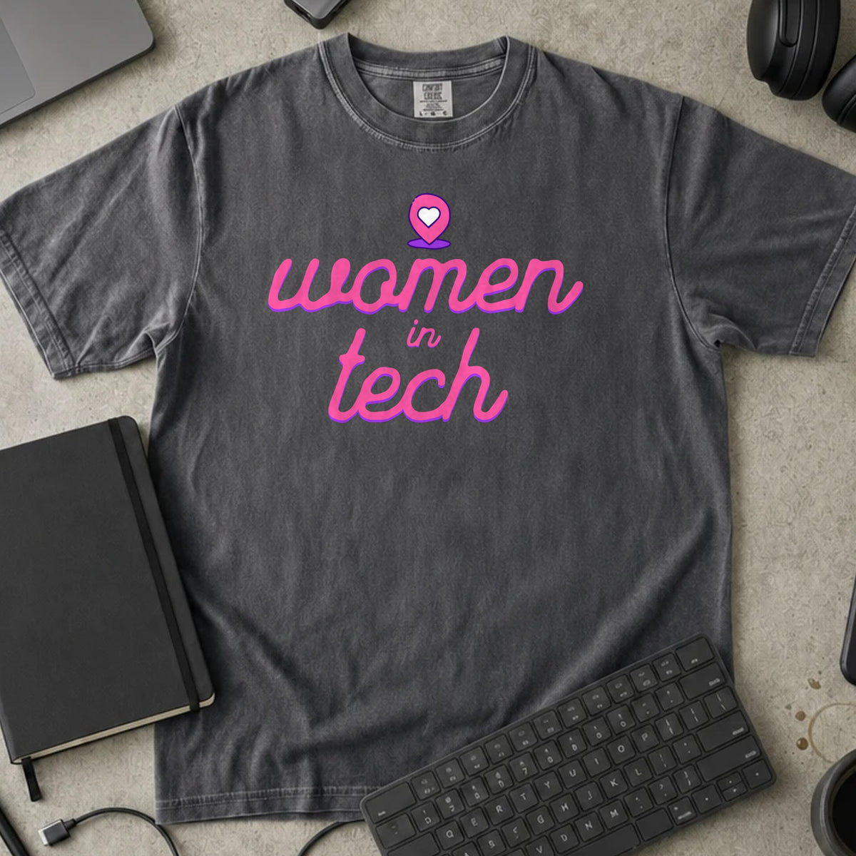 Women in Tech Script Shirt in Pepper, Comfort Colors 1717 tee flat lay