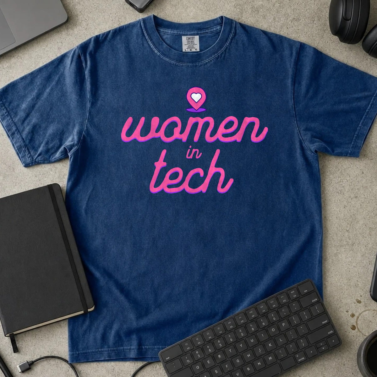 Women in Tech Script Shirt in True Navy, Comfort Colors 1717 tee flat lay