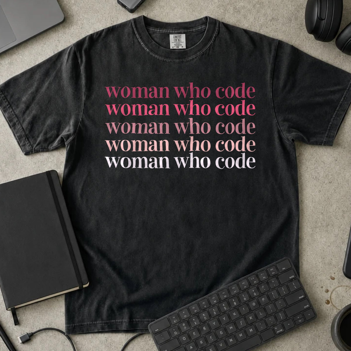 Woman Who Code Repeat Shirt in Black, Comfort Colors 1717 tee flat lay