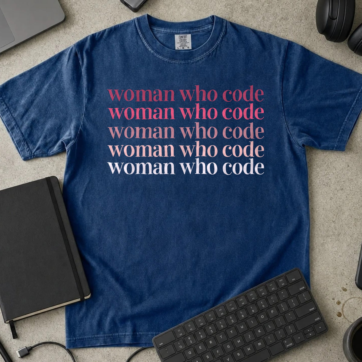Woman Who Code Repeat Shirt in True Navy, Comfort Colors 1717 tee flat lay