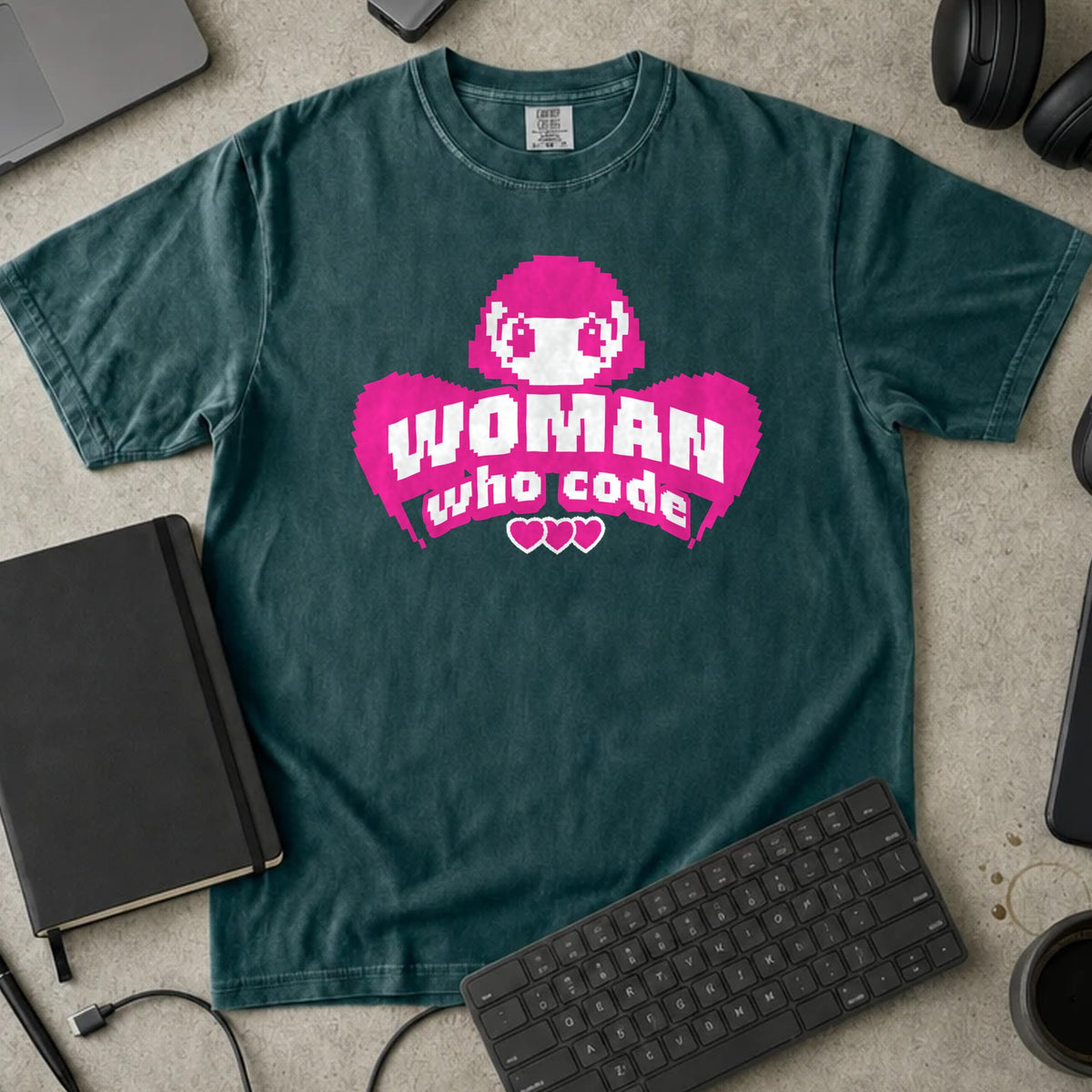 Woman Who Code Pixel Shirt in Blue Spruce, Comfort Colors 1717 tee flat lay