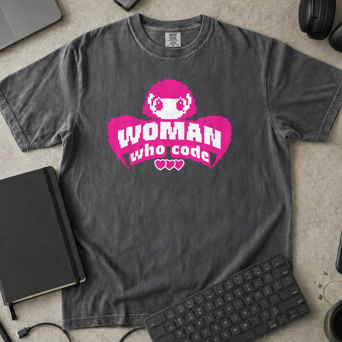 Woman Who Code Pixel Shirt in Pepper, Comfort Colors 1717 tee flat lay