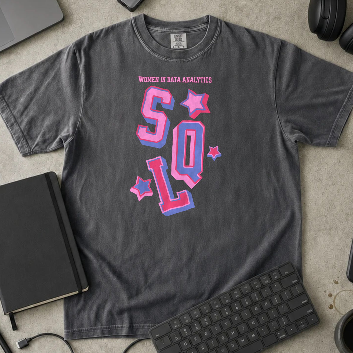 Women in Data Analytics SQL Shirt in Pepper, Comfort Colors 1717 tee flat lay