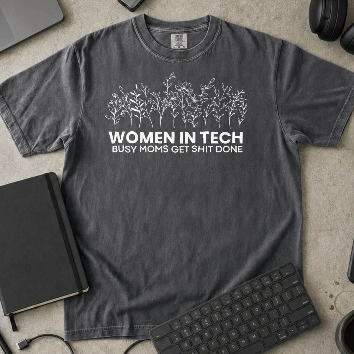 Women in Tech Busy Moms Get It Done Shirt in Pepper, Comfort Colors 1717 tee flat lay