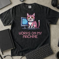 Works on My Machine Pixel Cat Shirt in Black, Comfort Colors 1717 tee flat lay