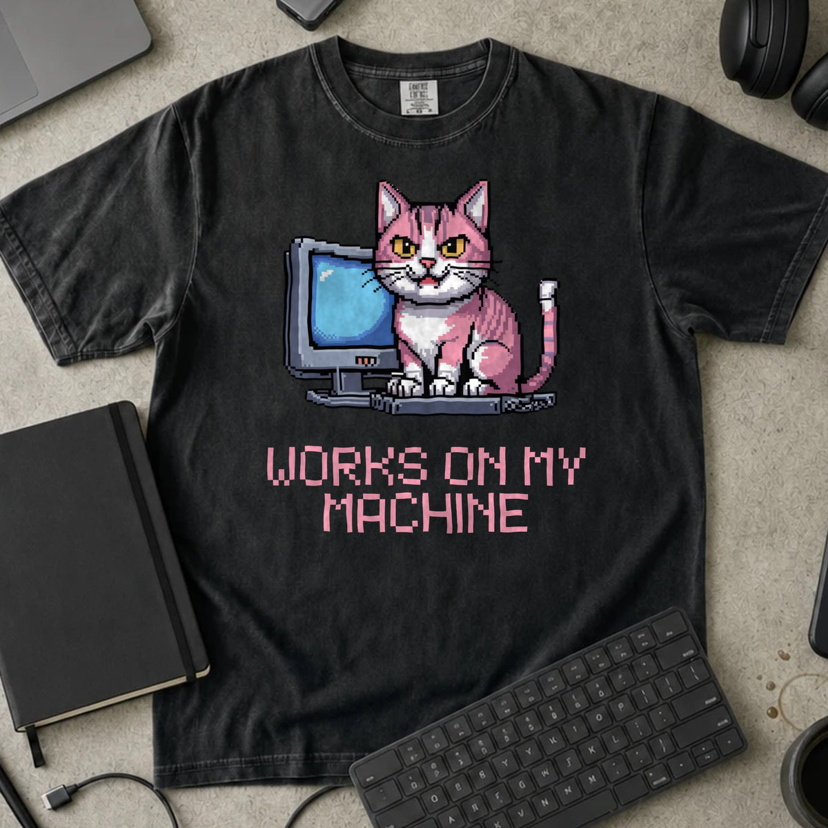 Works on My Machine Pixel Cat Shirt in Black, Comfort Colors 1717 tee flat lay