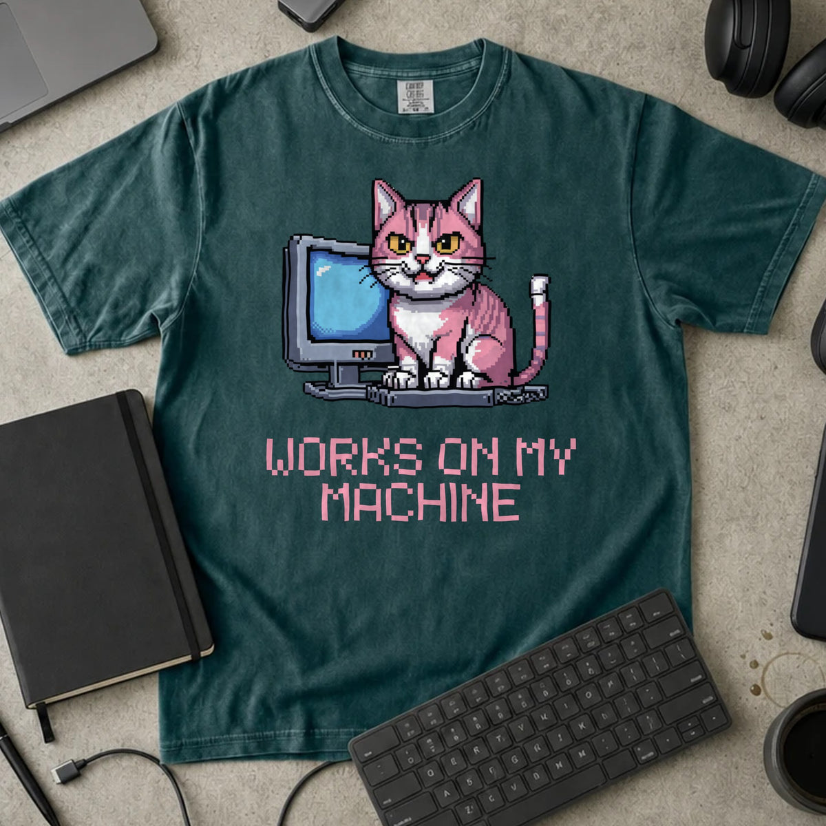 Works on My Machine Pixel Cat Shirt in Blue Spruce, Comfort Colors 1717 tee flat lay