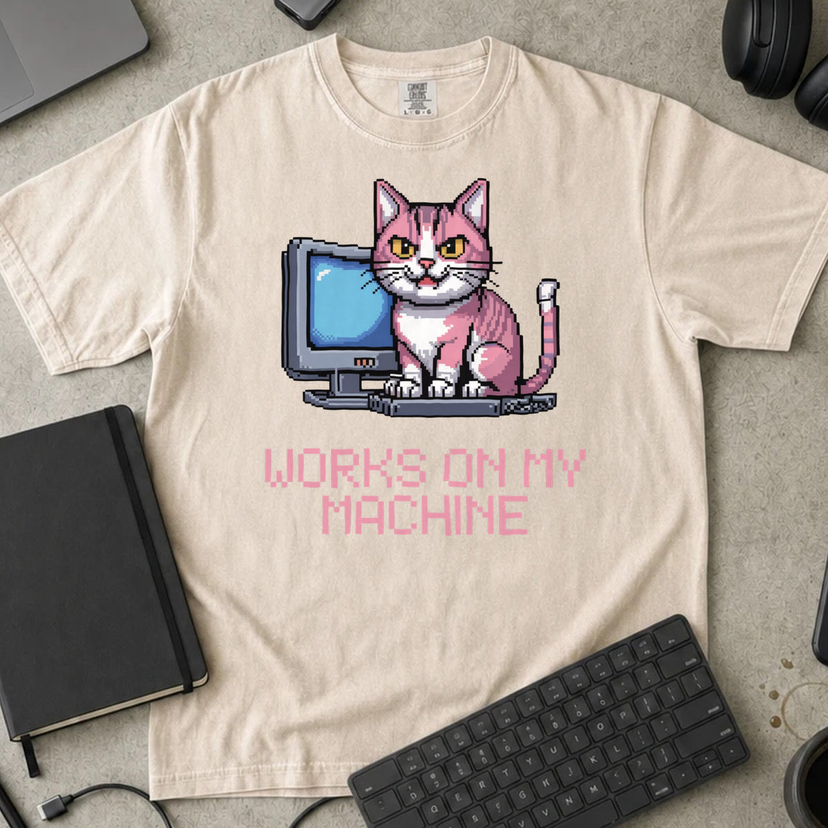 Works on My Machine Pixel Cat Shirt in Ivory, Comfort Colors 1717 tee flat lay