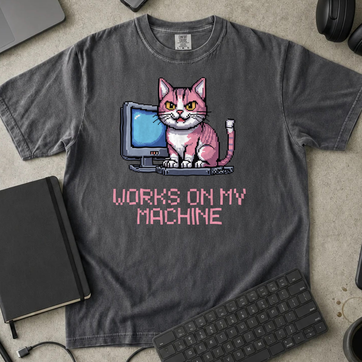 Works on My Machine Pixel Cat Shirt in Pepper, Comfort Colors 1717 tee flat lay