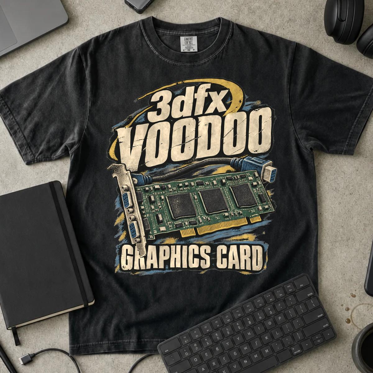 3dfx Voodoo Graphics Card Shirt — Black Comfort Colors 1717 flat lay