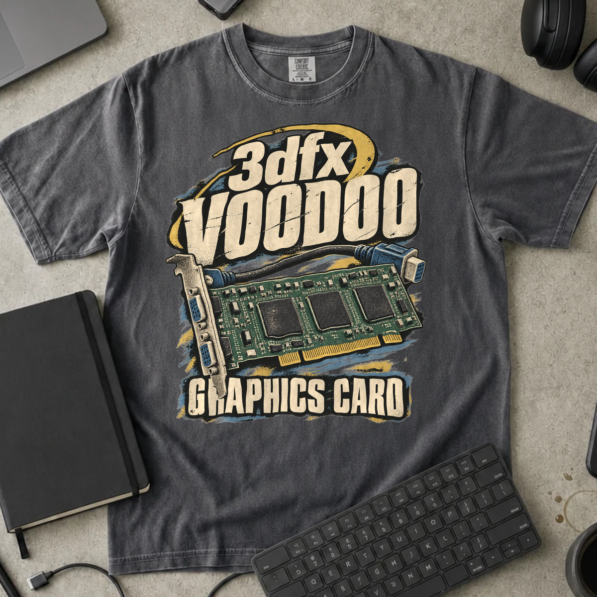 3dfx Voodoo Graphics Card Shirt — Pepper Comfort Colors 1717 flat lay