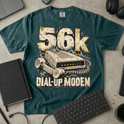 56k Dial-Up Modem Shirt — Blue Spruce Comfort Colors 1717 flat lay