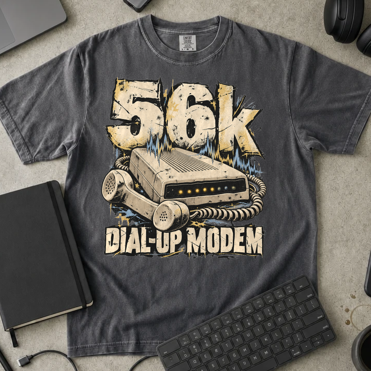 56k Dial-Up Modem Shirt — Pepper Comfort Colors 1717 flat lay