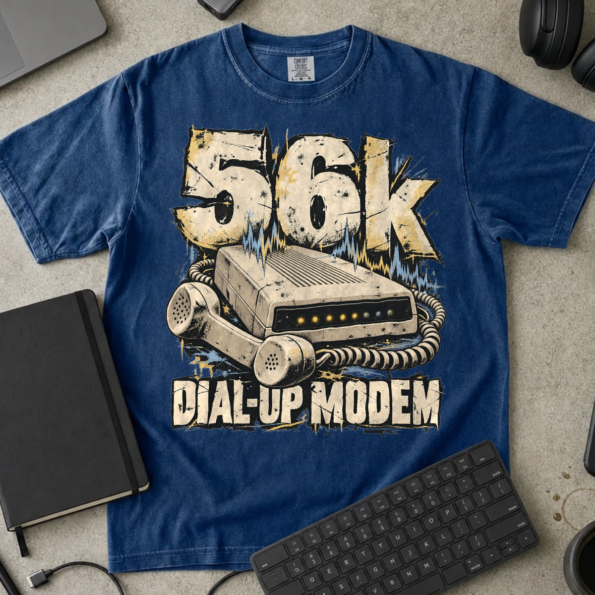 56k Dial-Up Modem Shirt — True Navy Comfort Colors 1717 flat lay