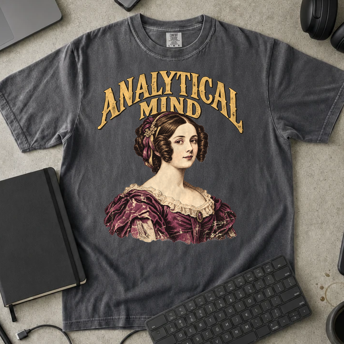 Analytical Mind Shirt — Pepper Comfort Colors 1717 flat lay