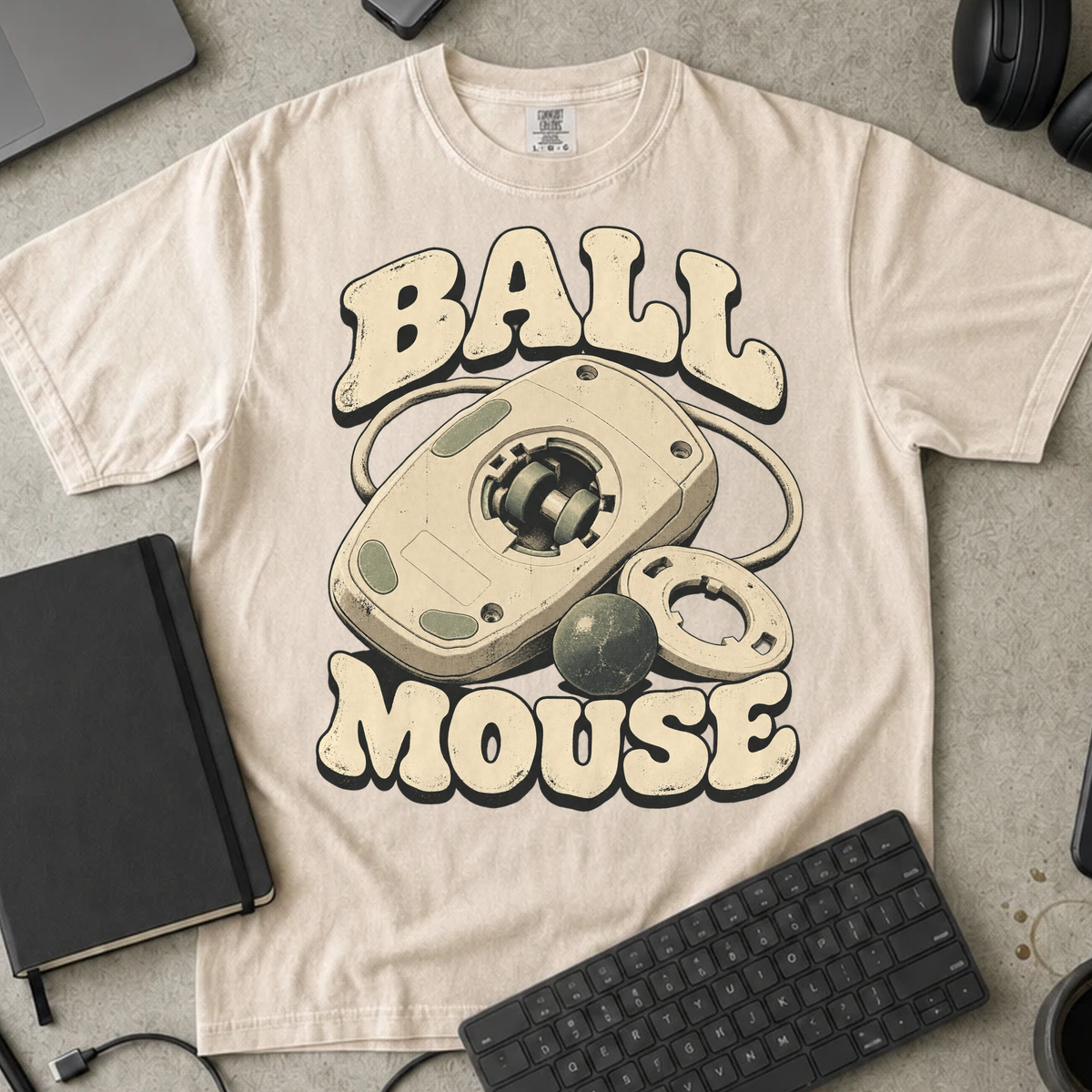 Ball Mouse Shirt — Ivory Comfort Colors 1717 flat lay