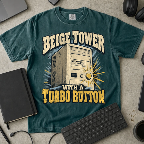 Beige Tower With a Turbo Button Shirt — Blue Spruce Comfort Colors 1717 flat lay