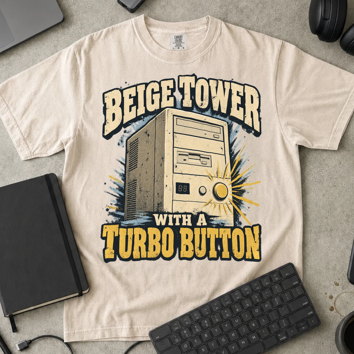 Beige Tower With a Turbo Button Shirt — Ivory Comfort Colors 1717 flat lay