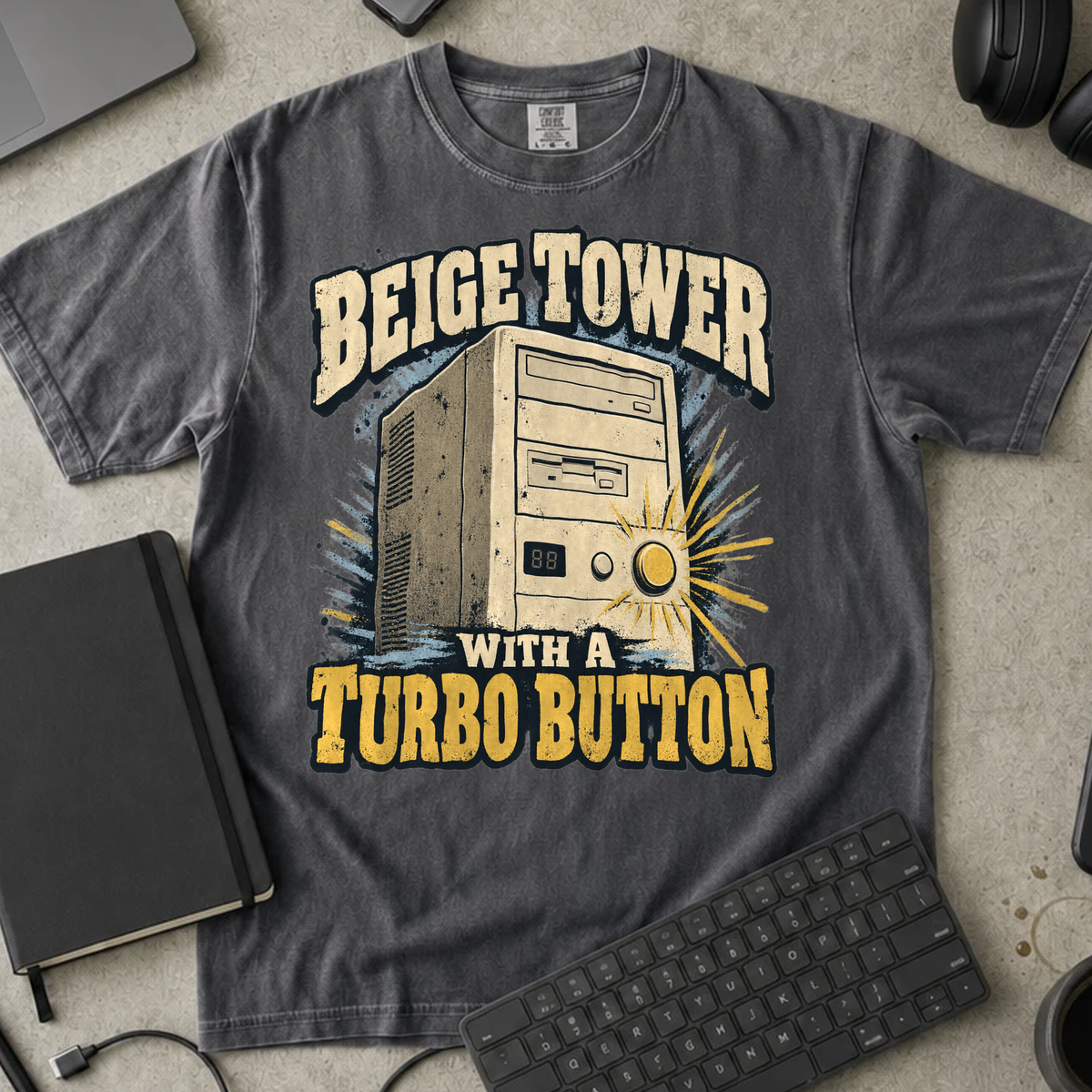Beige Tower With a Turbo Button Shirt — Pepper Comfort Colors 1717 flat lay