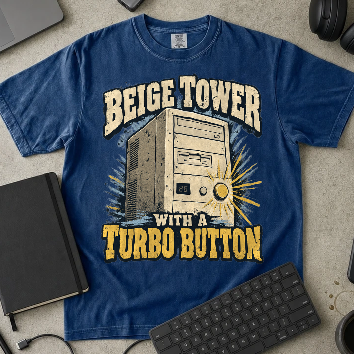 Beige Tower With a Turbo Button Shirt — True Navy Comfort Colors 1717 flat lay