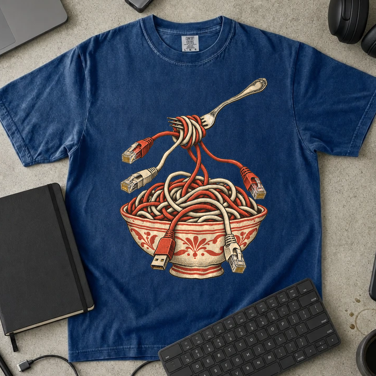 Cable Spaghetti Shirt — True Navy Comfort Colors 1717 flat lay