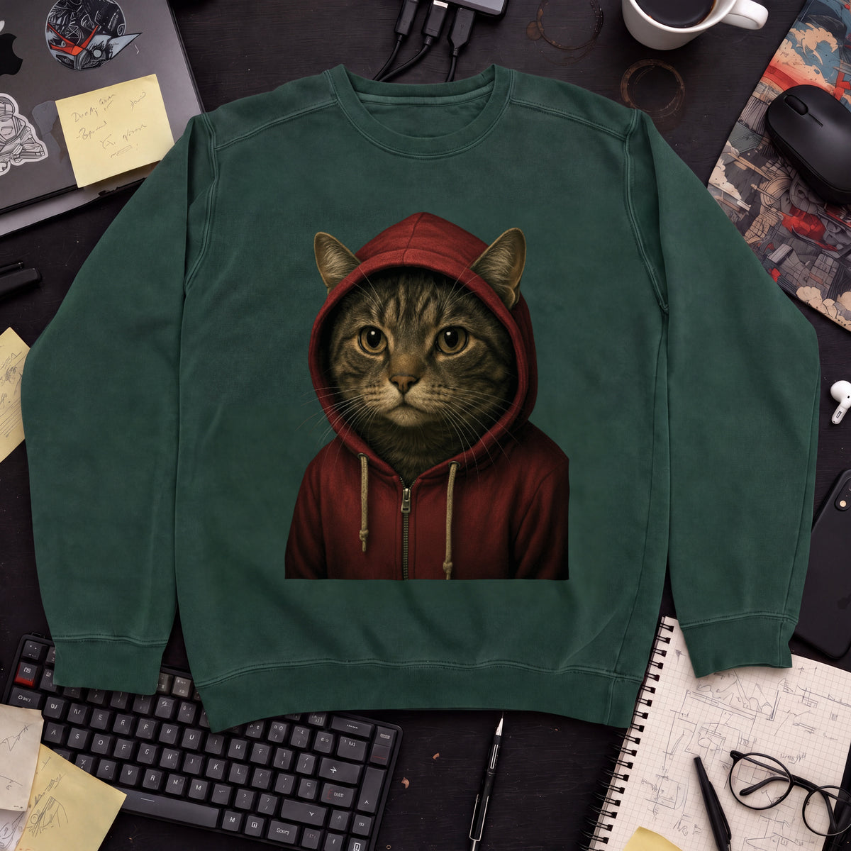 Cat In Hoodie Sweatshirt — Bottle Green