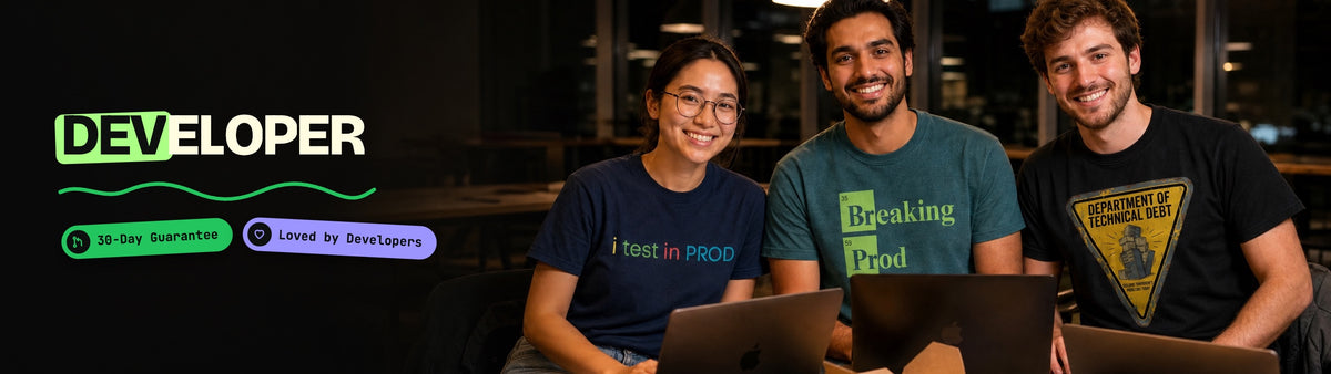 Developer collection: three developers at a hackathon wearing CodeCulture tees