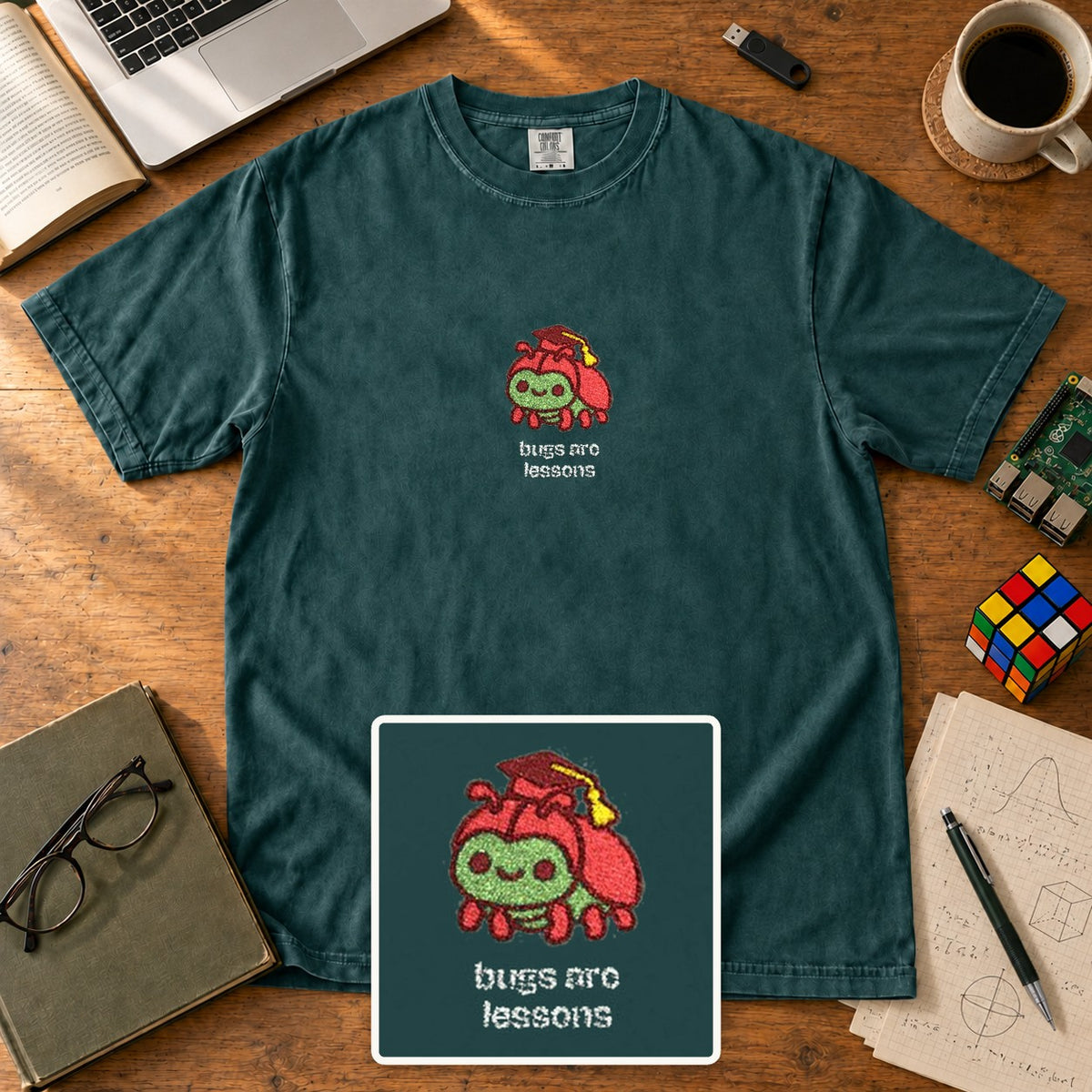 Bugs Are Lessons Embroidered Shirt in Blue Spruce