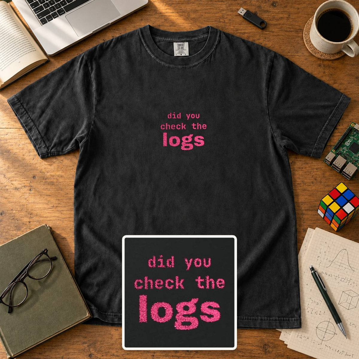 Did You Check The Logs Embroidered Shirt in Black