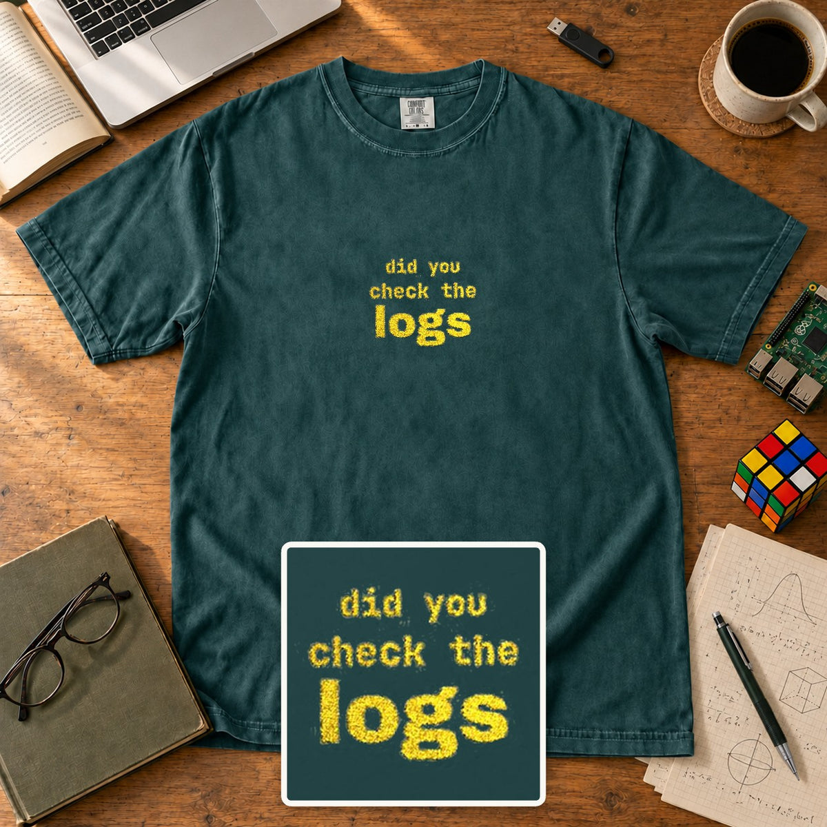 Did You Check The Logs Embroidered Shirt in Blue Spruce