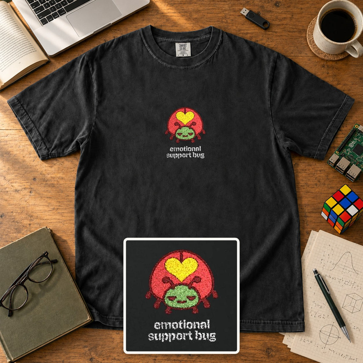 Emotional Support Bug Embroidered Shirt in Black