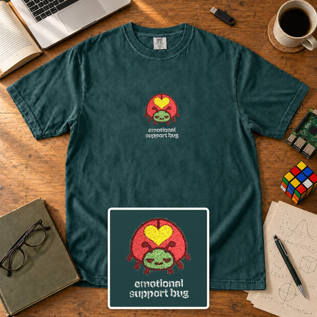 Emotional Support Bug Embroidered Shirt in Blue Spruce