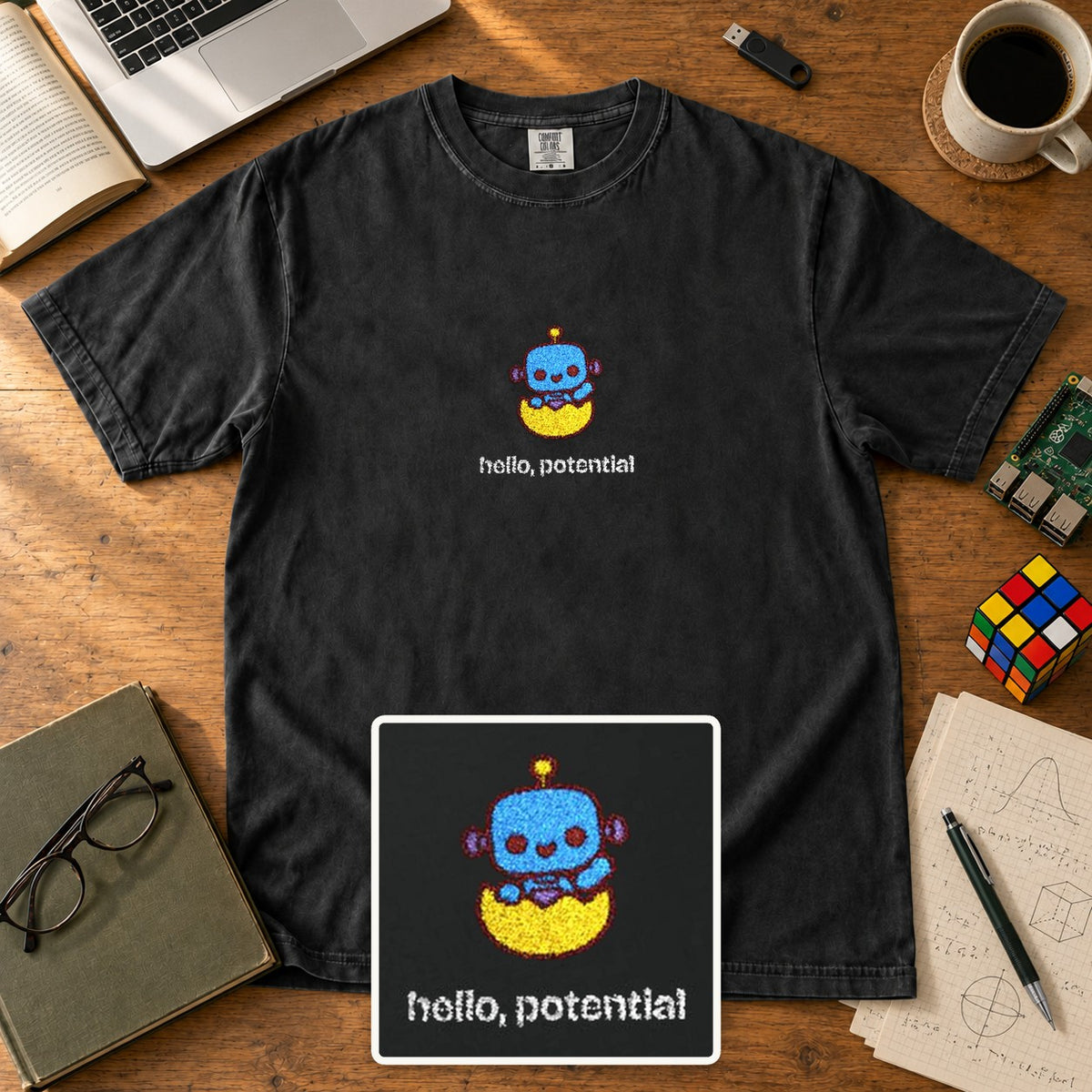 Hello Potential Embroidered Shirt in Black