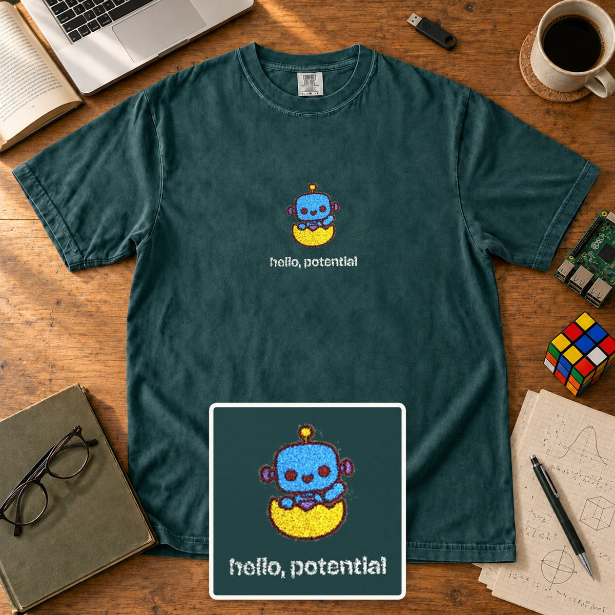 Hello Potential Embroidered Shirt in Blue Spruce