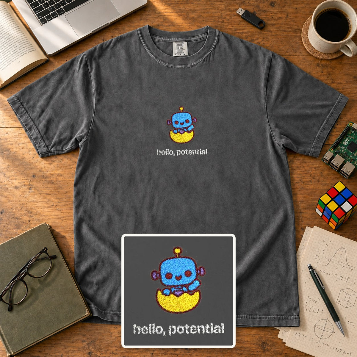 Hello Potential Embroidered Shirt in Pepper
