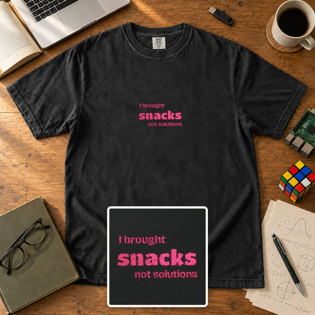 I Brought Snacks Not Solutions Embroidered Shirt in Black