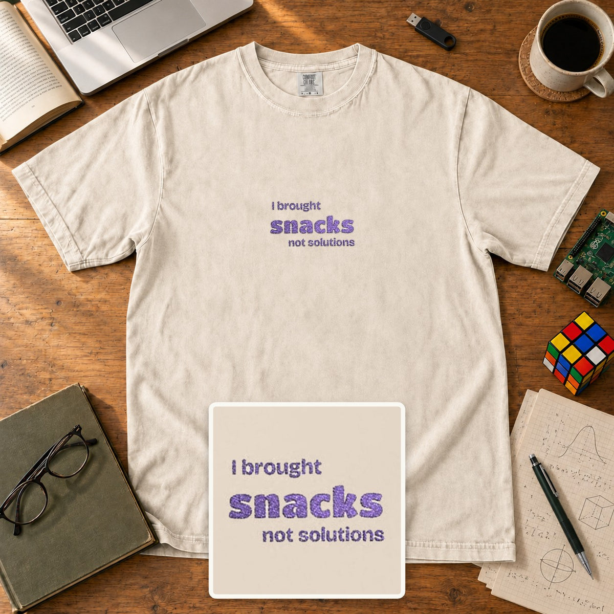 I Brought Snacks Not Solutions Embroidered Shirt in Ivory