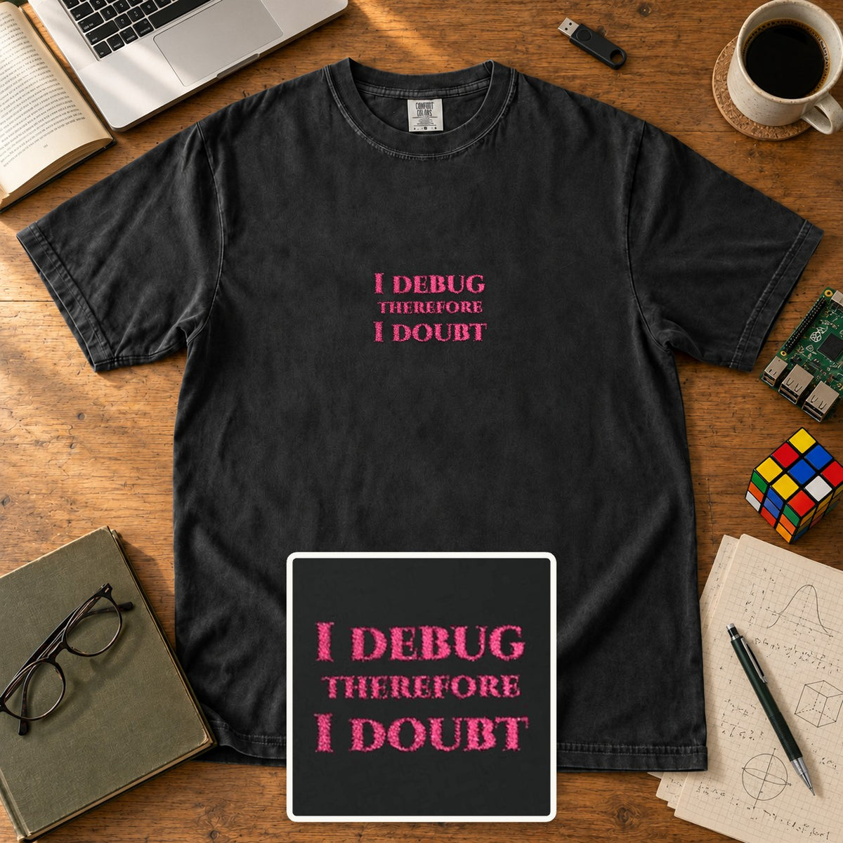 I Debug Therefore I Doubt Embroidered Shirt in Black