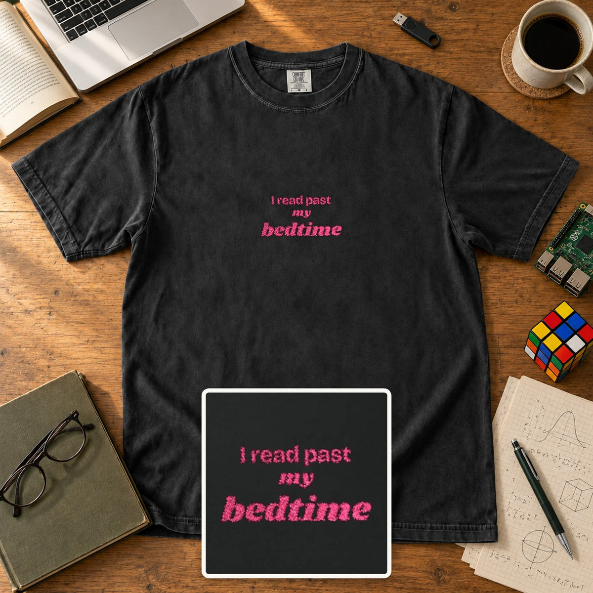I Read Past My Bedtime Embroidered Shirt in Black