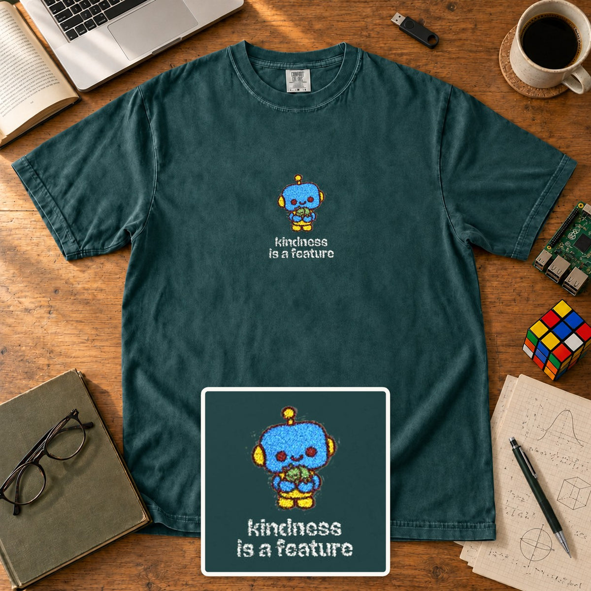 Kindness Is A Feature Embroidered Shirt in Blue Spruce