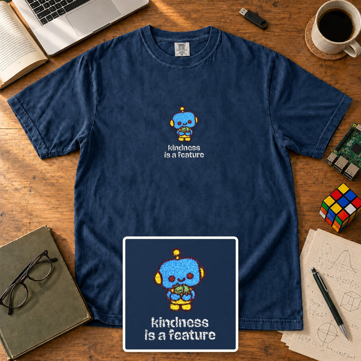 Kindness Is A Feature Embroidered Shirt in True Navy