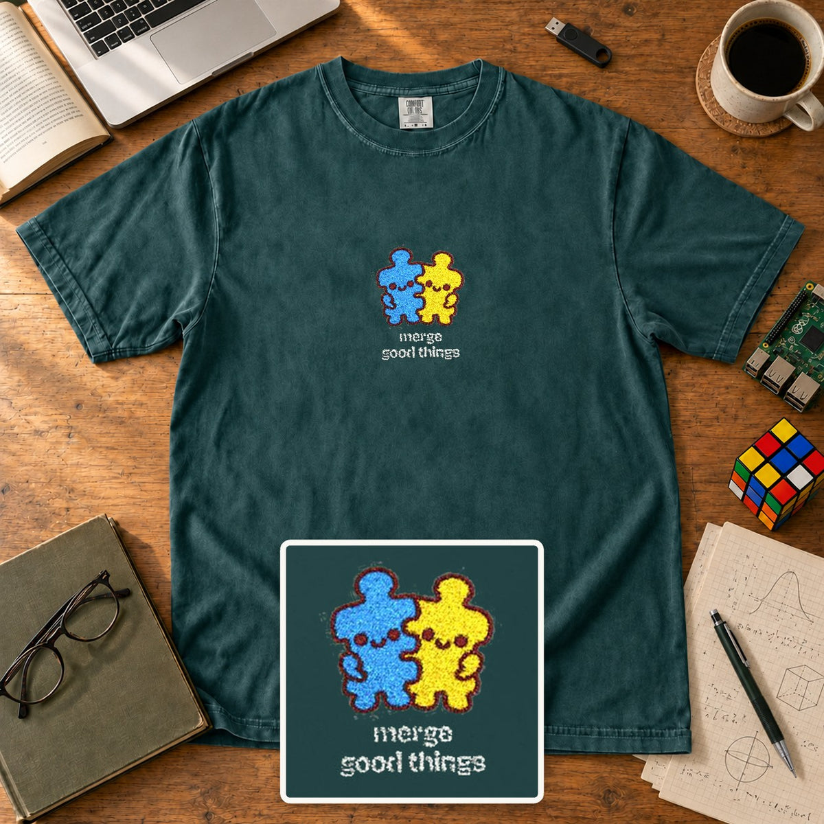 Merge Good Things Embroidered Shirt in Blue Spruce