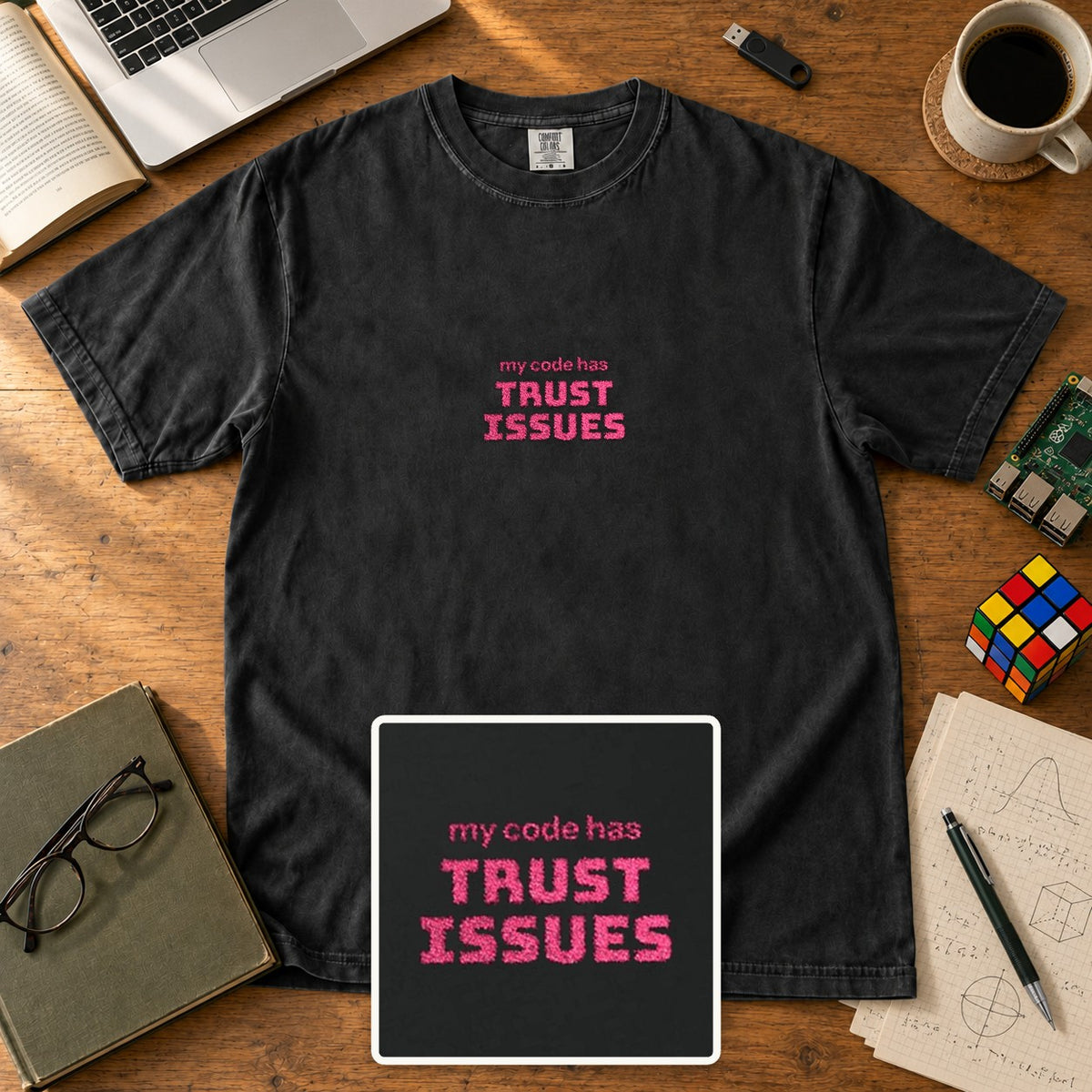 My Code Has Trust Issues Embroidered Shirt in Black