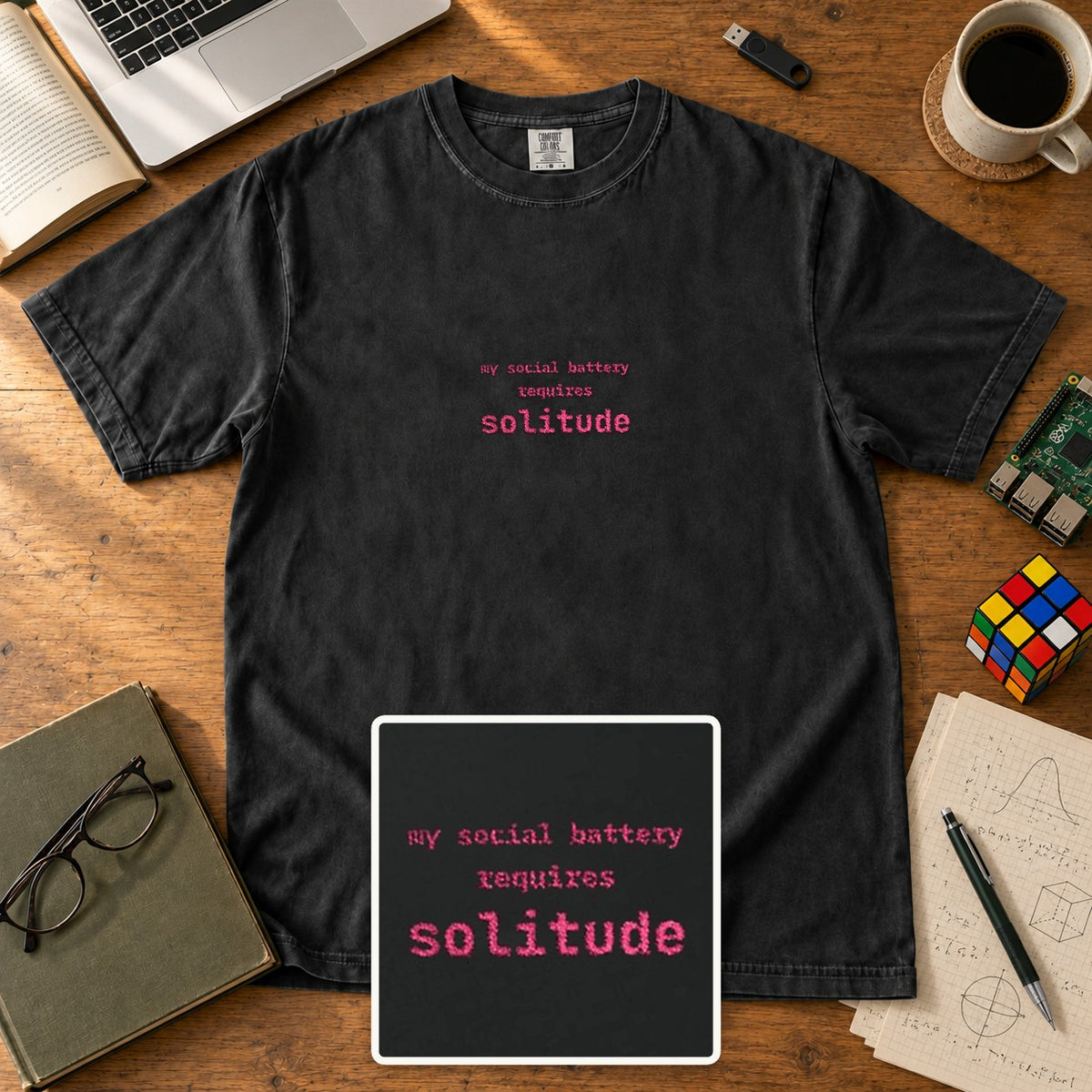 My Social Battery Requires Solitude Embroidered Shirt in Black