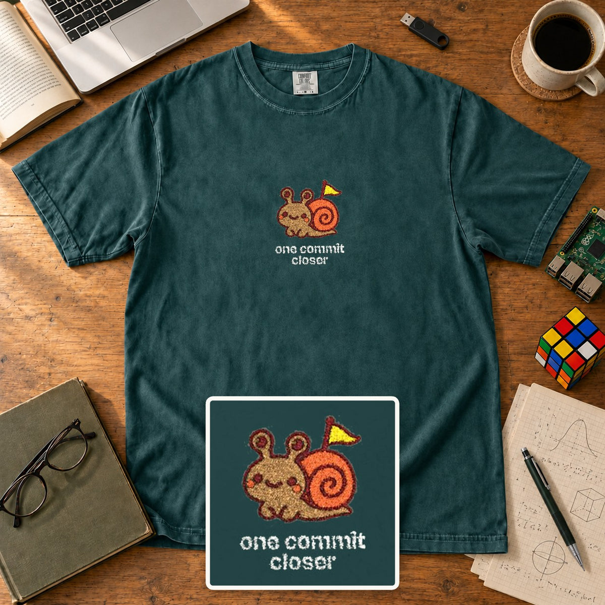 One Commit Closer Embroidered Shirt in Blue Spruce