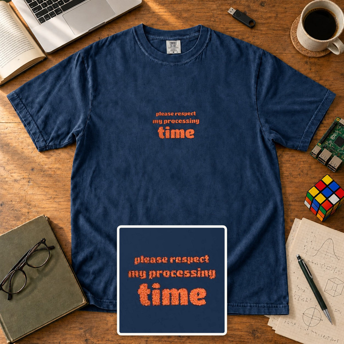 Please Respect My Processing Time Embroidered Shirt in True Navy